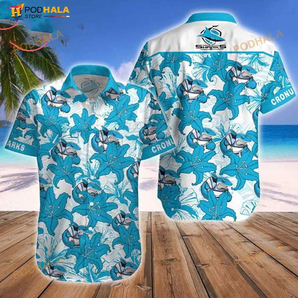 Cronulla Sharks Funny Hawaiian Shirt With Tropical Flowers And Shark Mascot