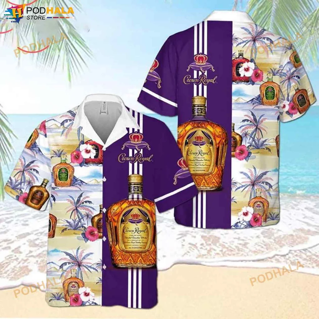 Crown Royal Hawaiian Shirt With Tropical Beach And Flower Design