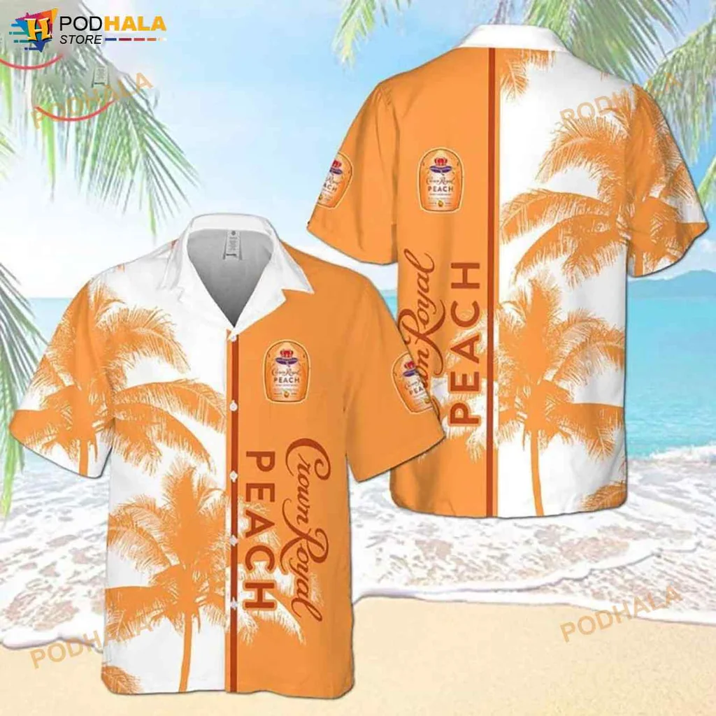 Crown Royal Peach Hawaiian Shirt With Tropical Palm Tree Design