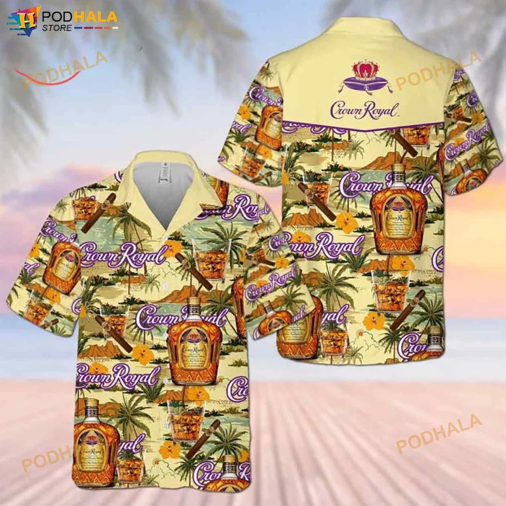 Crown Royal Tropical Hawaiian Shirt With Palm Trees And Sunset Design