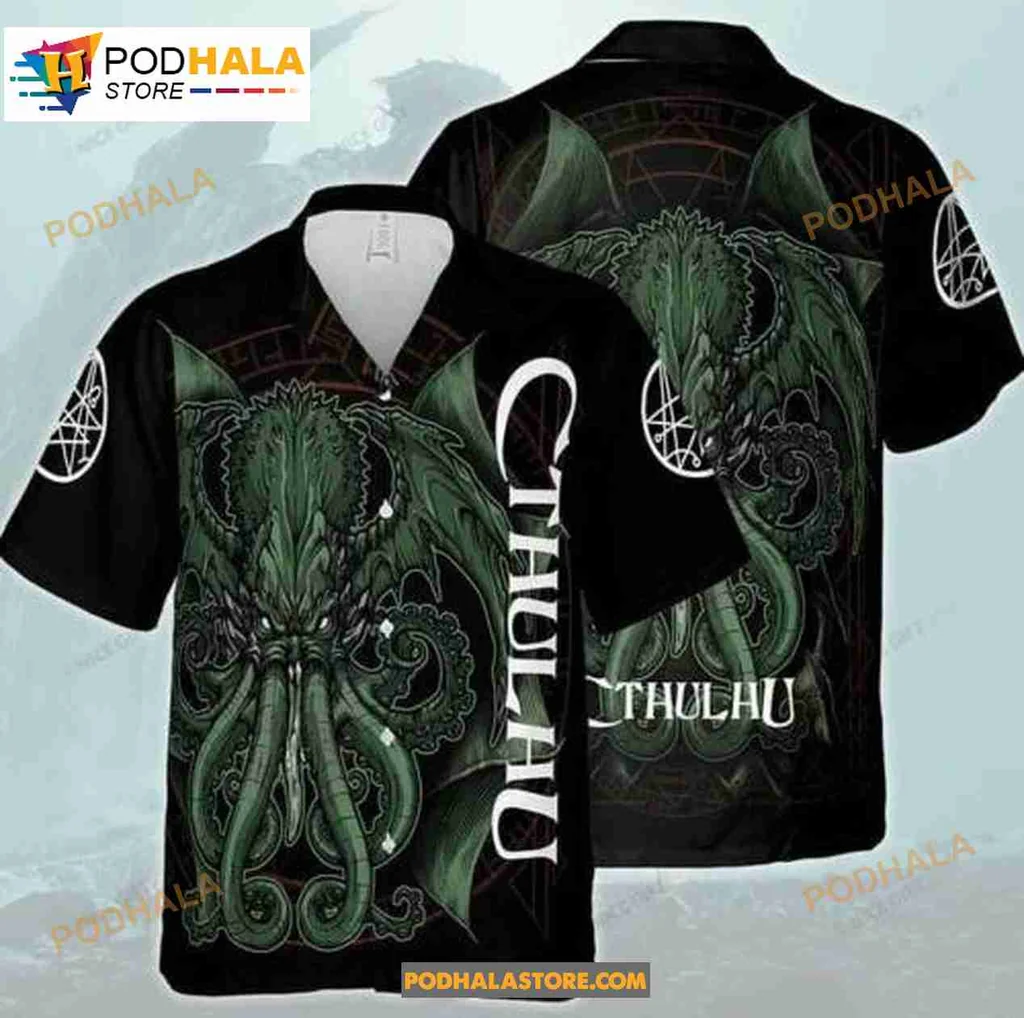 Cthulhu Horror Hawaiian Shirt, All Over Print Dark Green Design