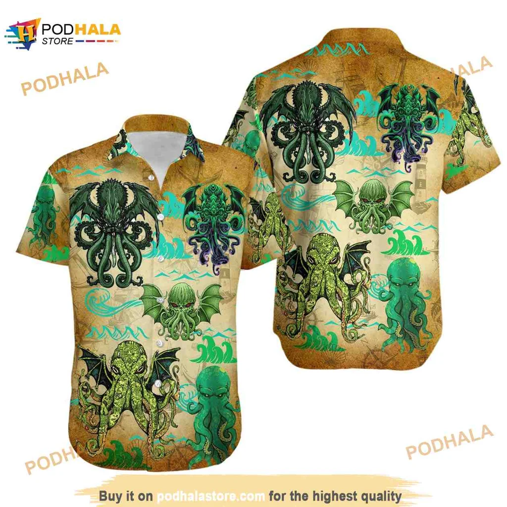 Cthulhu Themed Hawaiian Shirt, Vibrant Lovecraftian Design