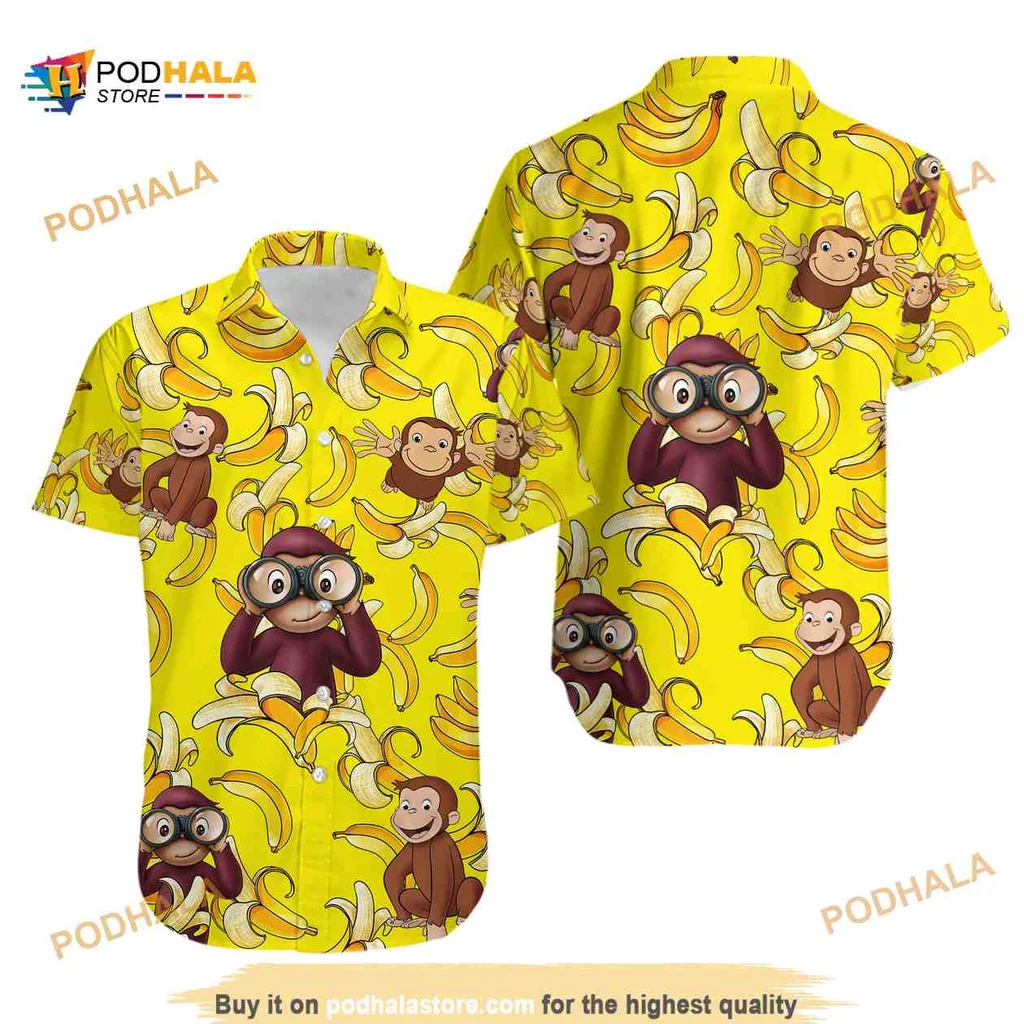 Curious George Banana Pattern Hawaiian Shirt With Fun Cartoon Design