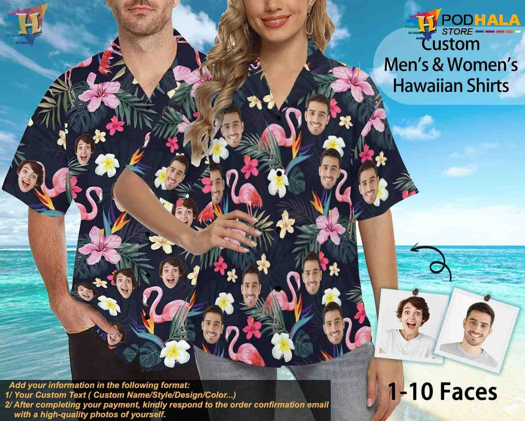 Custom Tropical Floral Hawaiian Shirt With Personalized Faces And Flamingos