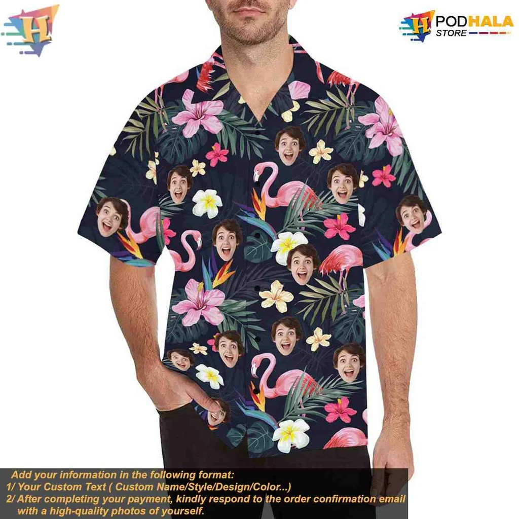 Custom Tropical Floral Aloha Shirt With Personalized Faces And Flamingos Custom Tropical Floral Aloha Shirt With Personalized Faces And Flamingos