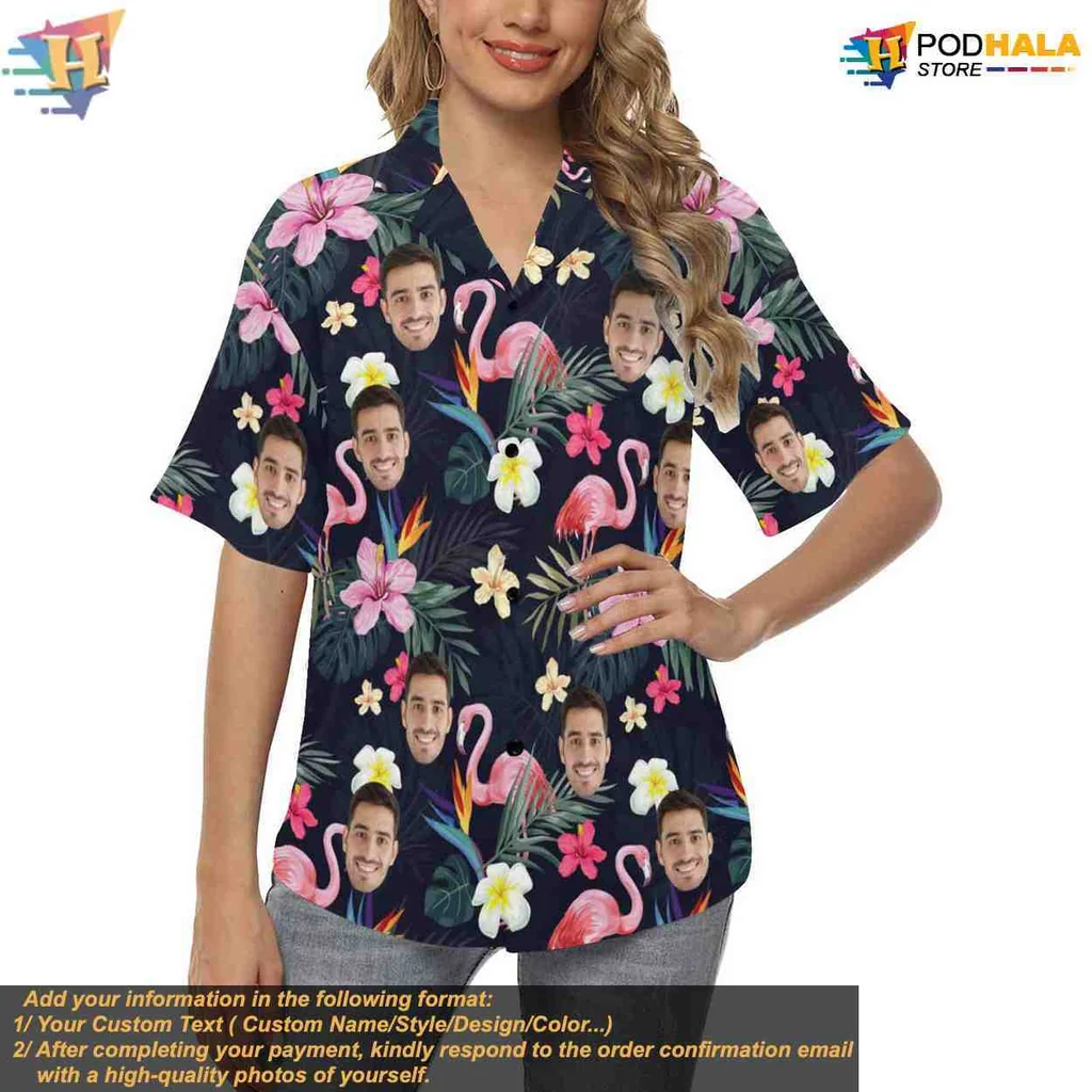 Custom Tropical Floral Short-sleeve button-up shirt With Personalized Faces And Flamingos Custom Tropical Floral Short-sleeve button-up shirt With Personalized Faces And Flamingos