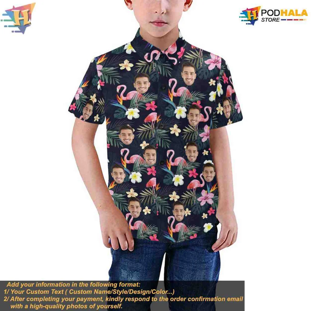 Custom Tropical Floral Hawaiian Shirt With Personalized Faces And Flamingos - Product View 6 Custom Tropical Floral Hawaiian Shirt With Personalized Faces And Flamingos - Product View 6