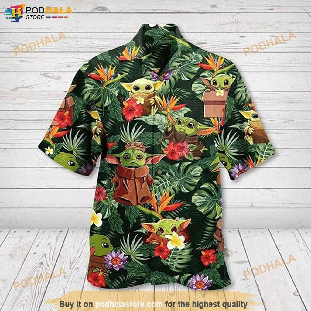 Cute Alien Tropical Hawaiian Shirt Featuring Baby Yoda And Vibrant Floral Design