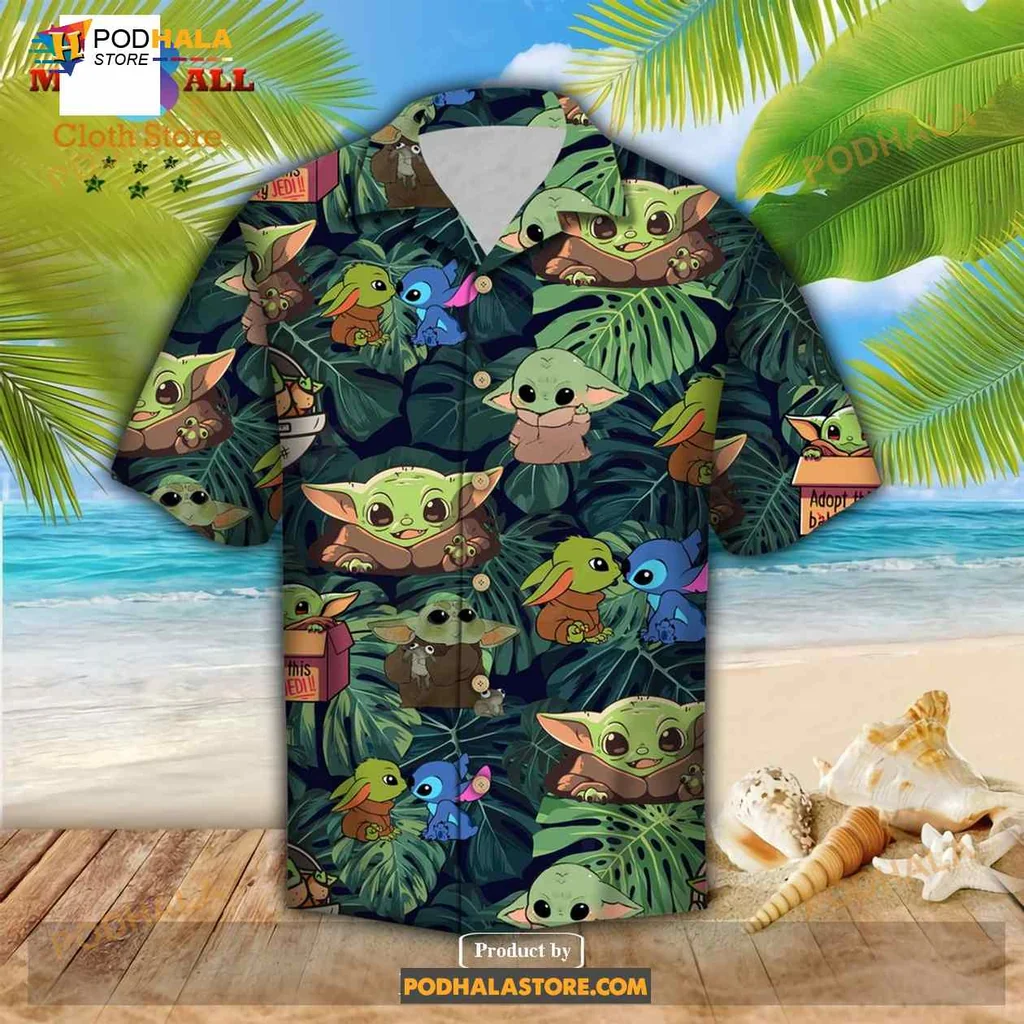 Cute Baby Yoda Aloha Hawaiian Shirt With Tropical Green Design