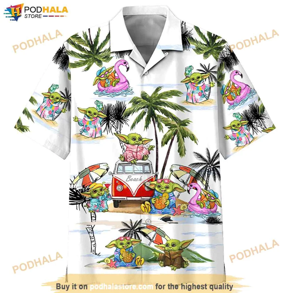 Cute Baby Yoda Aloha Shirt, Vibrant Tropical Design With Beach Elements And Star Wars Flair