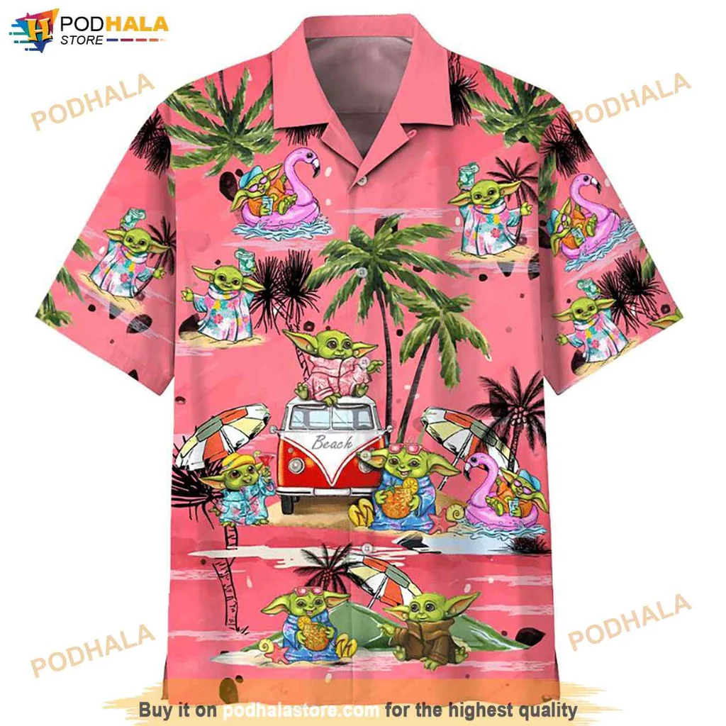 Cute Baby Yoda Hawaiian Shirt, Vibrant Pink Tropical Design With Palm Trees And Flamingos