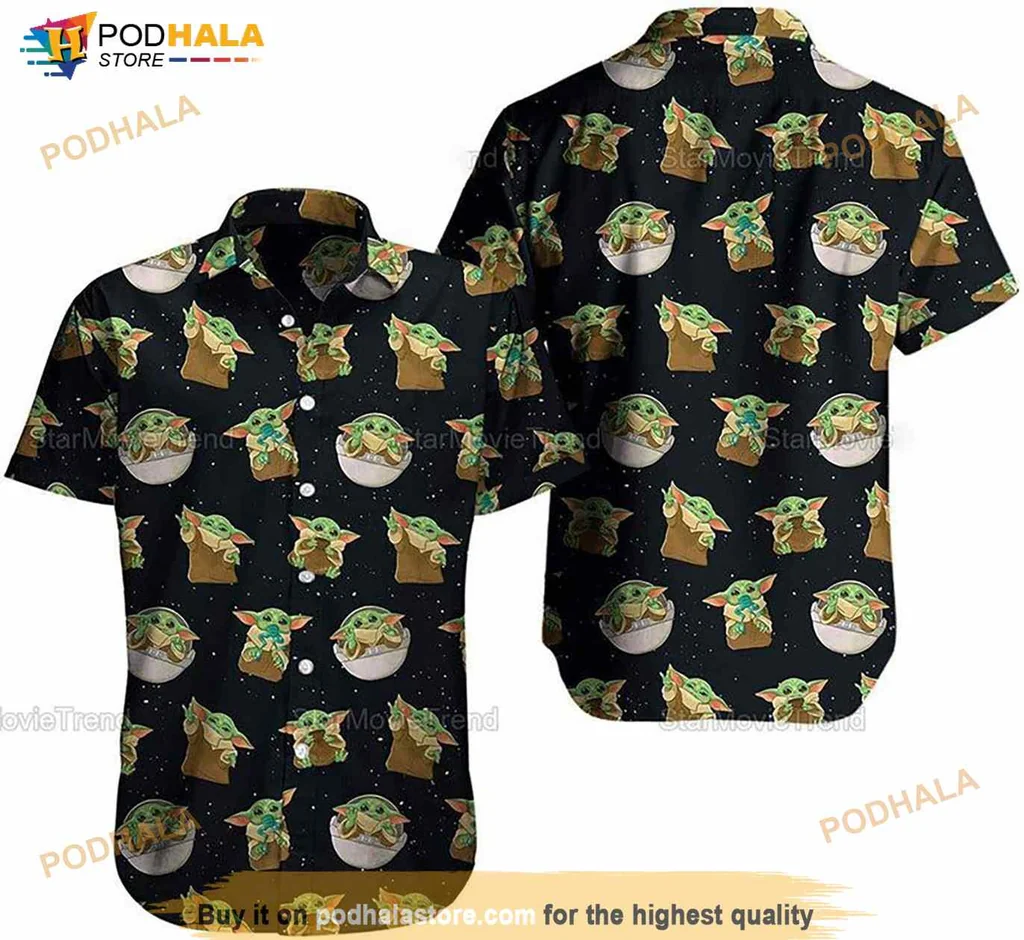 Cute Baby Yoda Hawaiian Shirt With Galaxy Design For Star Wars Fans