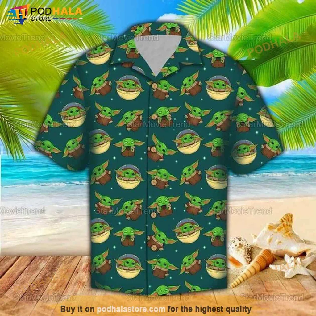 Cute Baby Yoda Hawaiian Shirt With Tropical Green Design