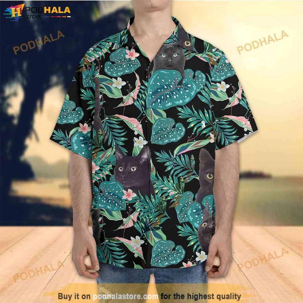 Cute Black Cat Aloha Shirt, Vibrant Tropical Button Down For Cat Lovers