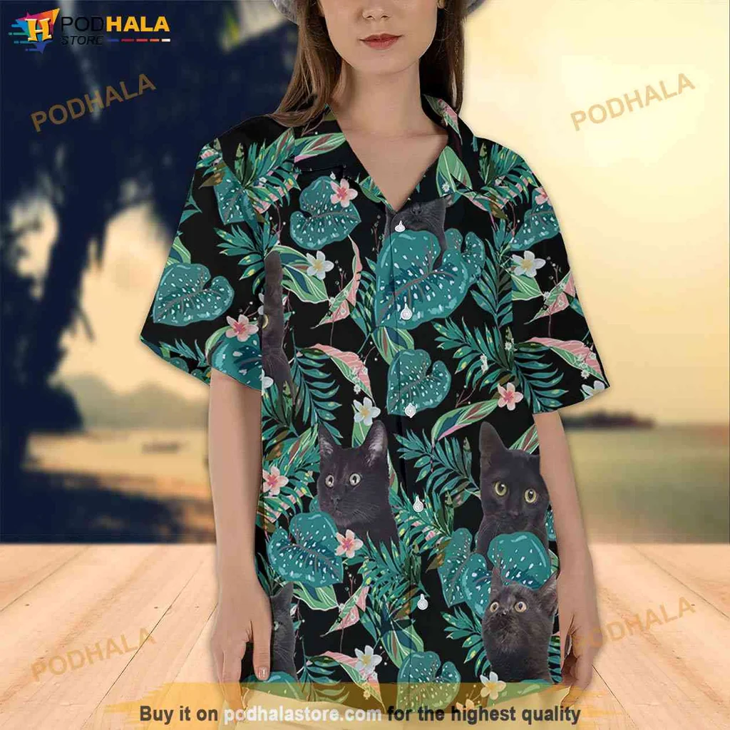 Cute Black Cat Tropical Shirt, Vibrant Tropical Button Down For Cat Lovers Cute Black Cat Tropical Shirt, Vibrant Tropical Button Down For Cat Lovers