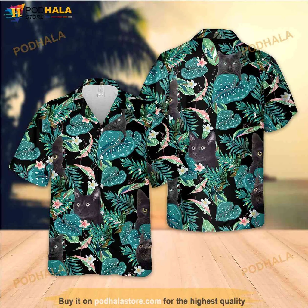 Cute Black Cat Short-sleeve button-up shirt, Vibrant Tropical Button Down For Cat Lovers Cute Black Cat Short-sleeve button-up shirt, Vibrant Tropical Button Down For Cat Lovers