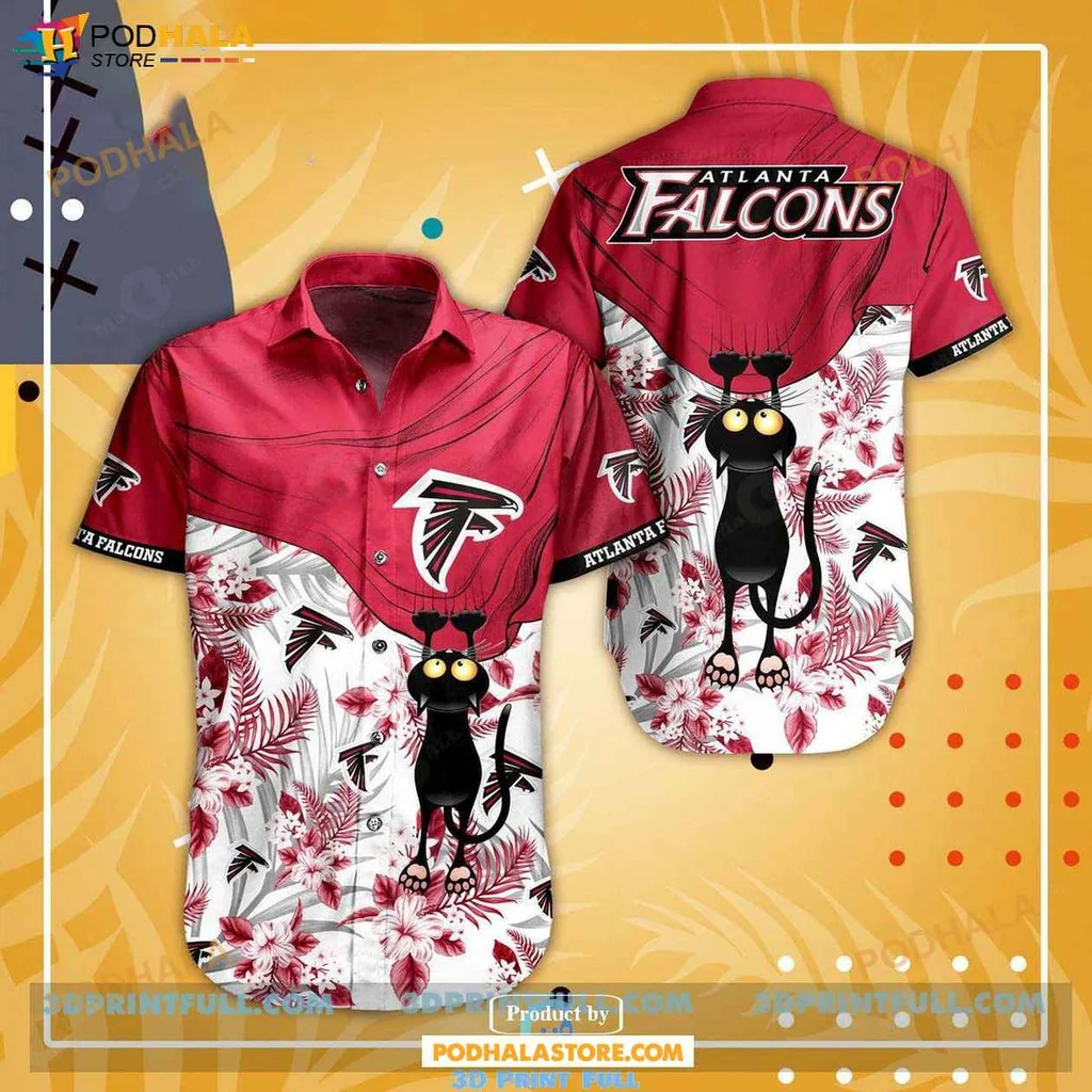 Cute Black Cat Hawaiian Shirt, Atlanta Falcons Design With Vibrant Floral Patterns