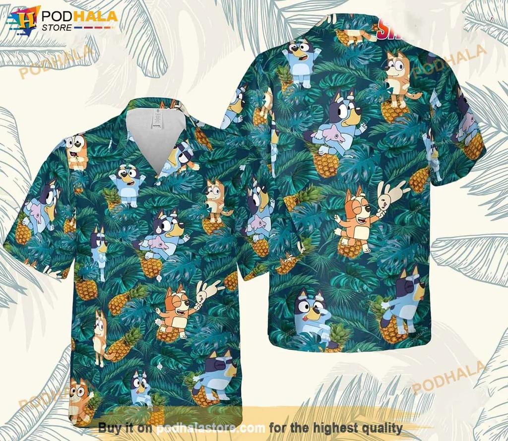 Cute Bluey Puppy Hawaiian Shirt, Vibrant Tropical Design With Playful Animal Characters