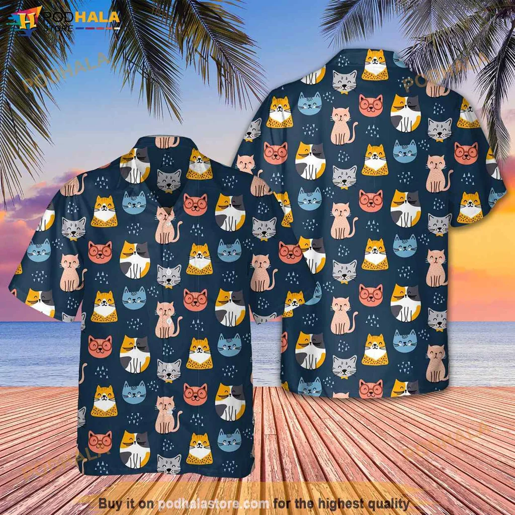 Cute Cartoon Cat Hawaiian Shirt, Vibrant Tropical Design For Cat Lovers
