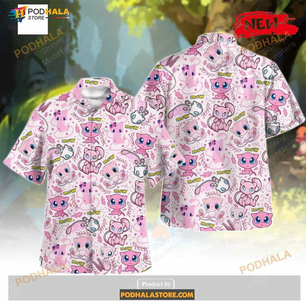 Cute Cartoon Creature Hawaiian Shirt With Pink Mew Pattern For Summer Fun