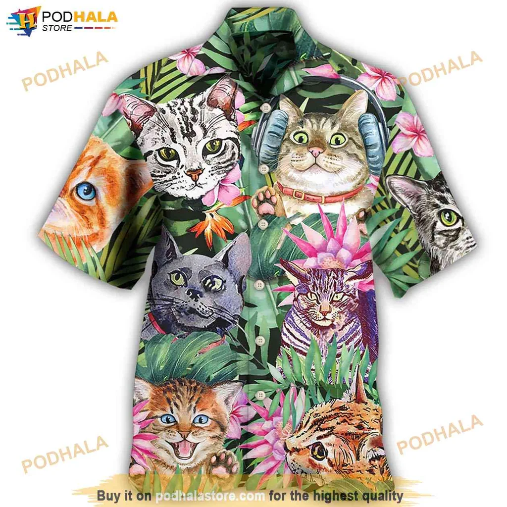 Cute Cat Lover Aloha Shirt, Vibrant Tropical Design With Playful Cats Cute Cat Lover Aloha Shirt, Vibrant Tropical Design With Playful Cats