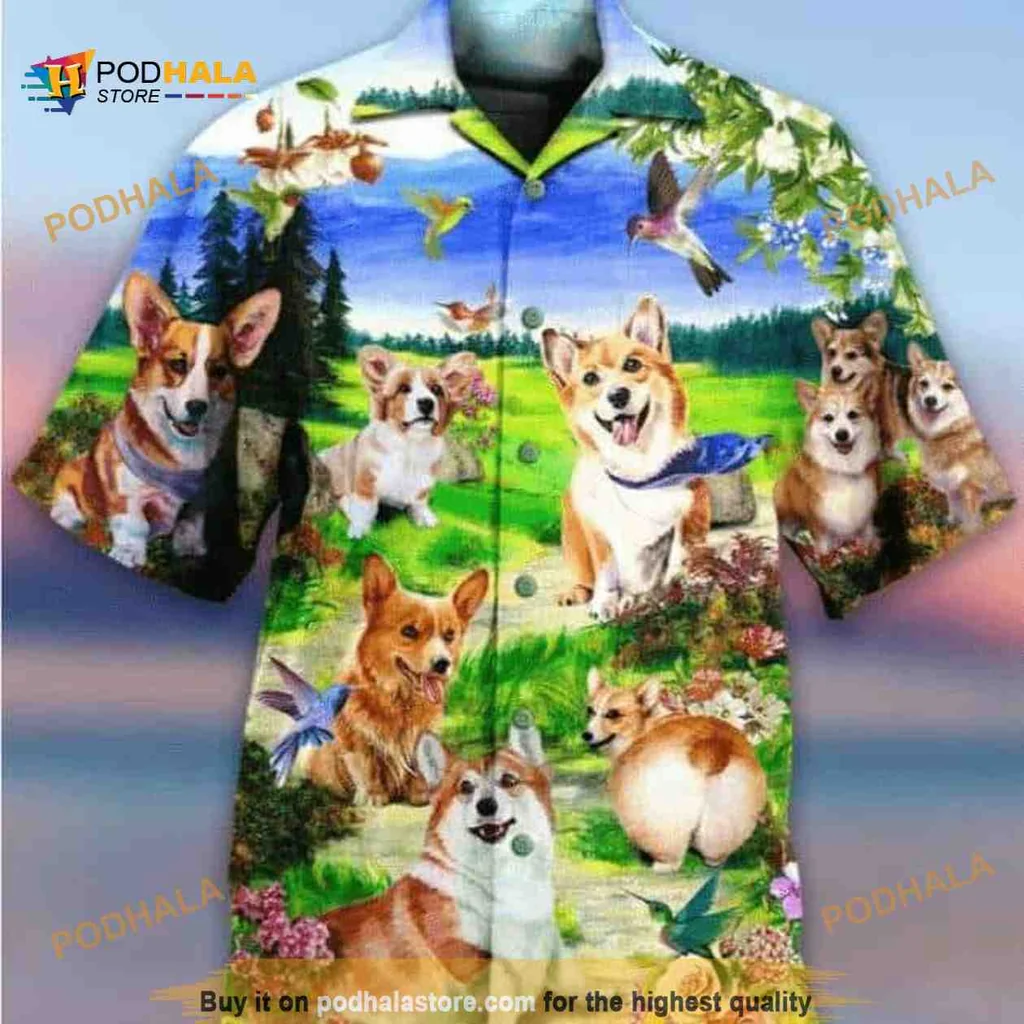 Cute Corgi Hawaiian Shirt Featuring Playful Dogs In A Lush Landscape
