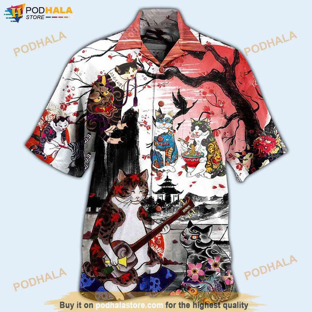 Cute Japanese Cat Hawaiian Shirt, Vibrant Design With Playful Cats And Cherry Blossoms