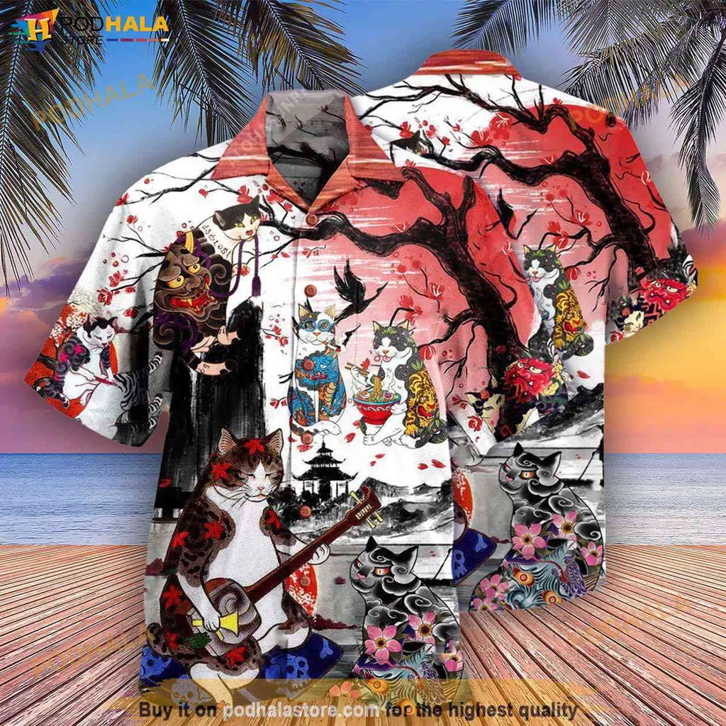 Cute Japanese Cat Aloha Shirt, Vibrant Design With Playful Cats And Cherry Blossoms Cute Japanese Cat Aloha Shirt, Vibrant Design With Playful Cats And Cherry Blossoms