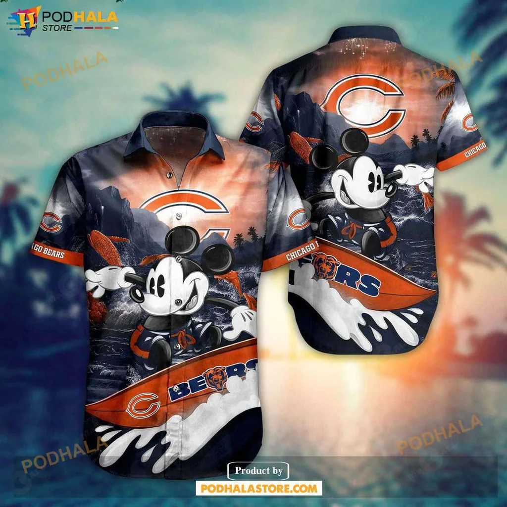 Cute Mickey Mouse Hawaiian Shirt, Chicago Bears Summer Design In Navy And Orange