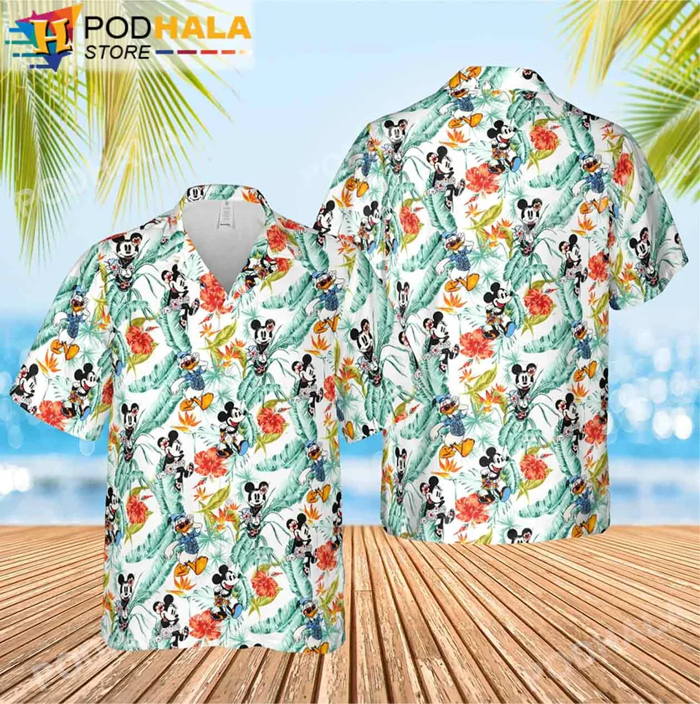 Cute Mickey Mouse Hawaiian Shirt, Floral Design With Minnie And Donald Duck