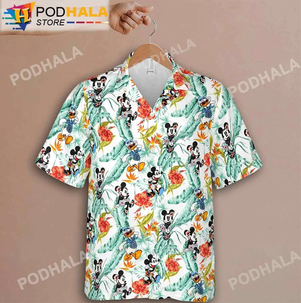 Cute Mickey Mouse Aloha Shirt, Floral Design With Minnie And Donald Duck Cute Mickey Mouse Aloha Shirt, Floral Design With Minnie And Donald Duck
