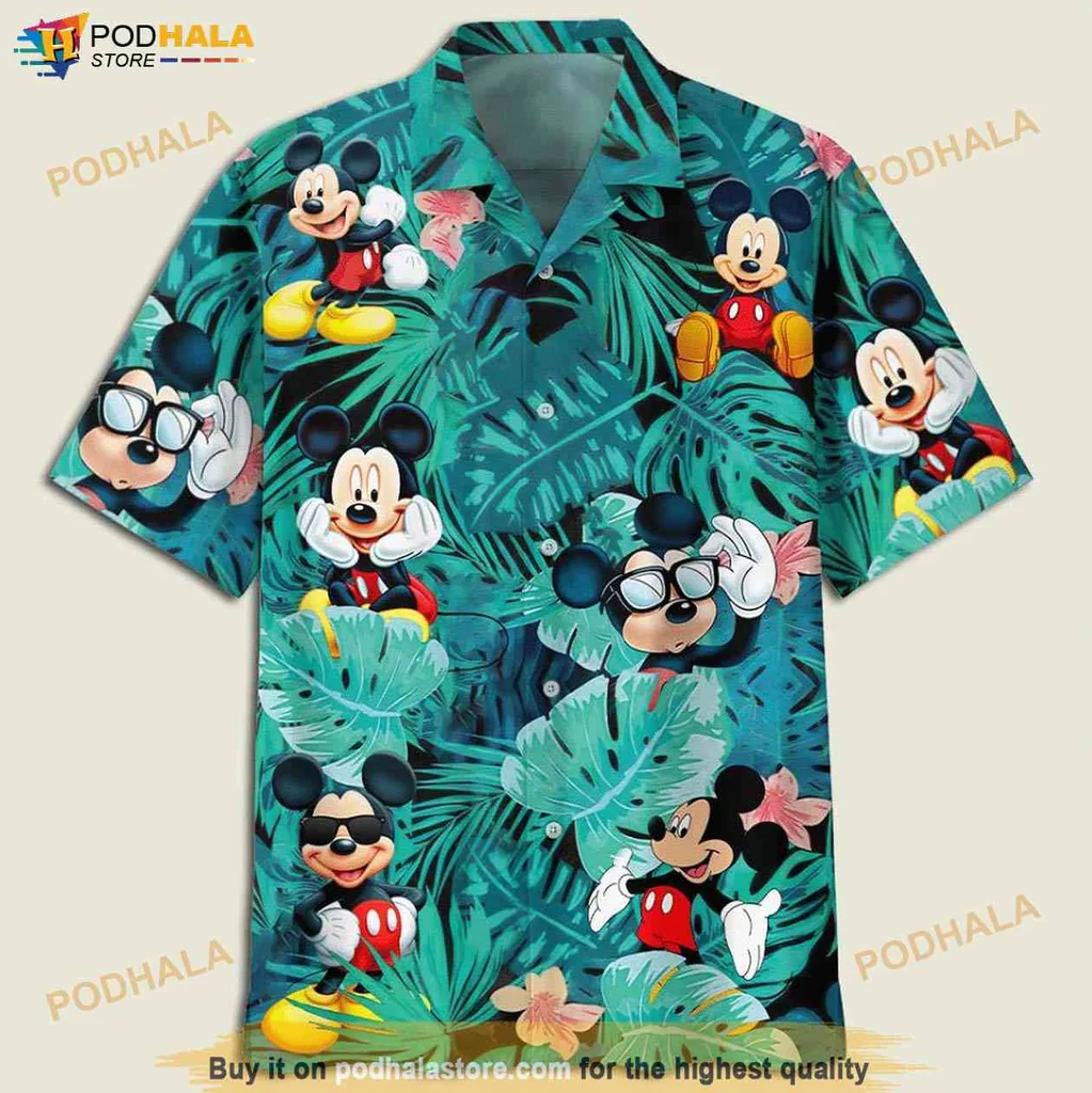 Cute Mickey Mouse Hawaiian Shirt, Vibrant Tropical Design With Flowers And Leaves