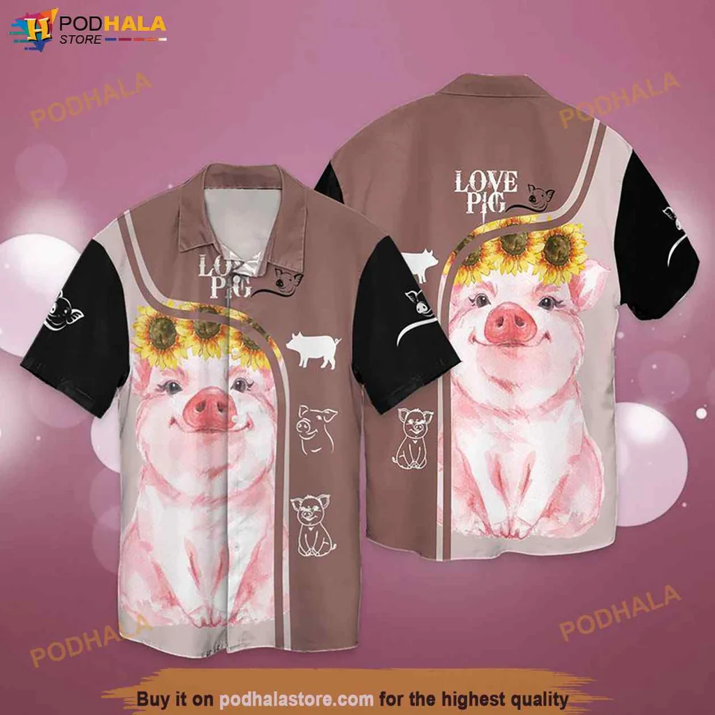Cute Pig Lover Hawaiian Shirt, Funny Pig Illustration With Sunflowers