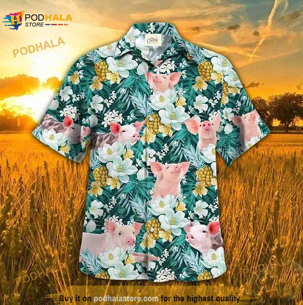 Cute Pig Tropical Hawaiian Shirt With Cartoon Pigs And Lush Green Leaves