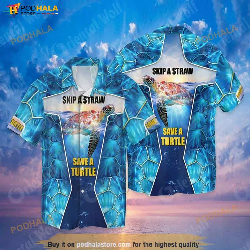 Cute Sea Turtle Hawaiian Shirt, Skip A Straw Save A Turtle Design