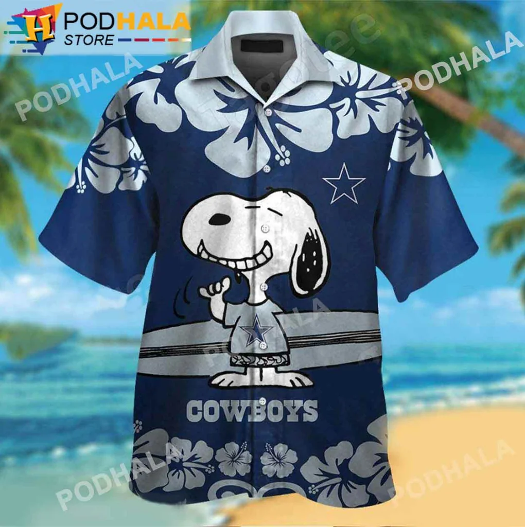 Cute Snoopy Cowboys Hawaiian Shirt, Navy Blue With White Hibiscus Flowers