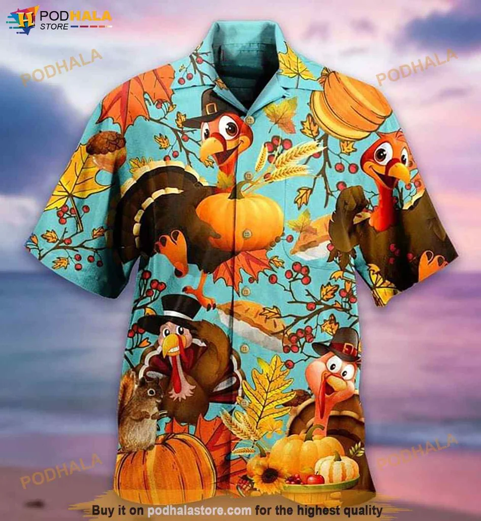 Cute Turkey Autumn Hawaiian Shirt, Vibrant Tropical Design With Pumpkins And Fall Leaves