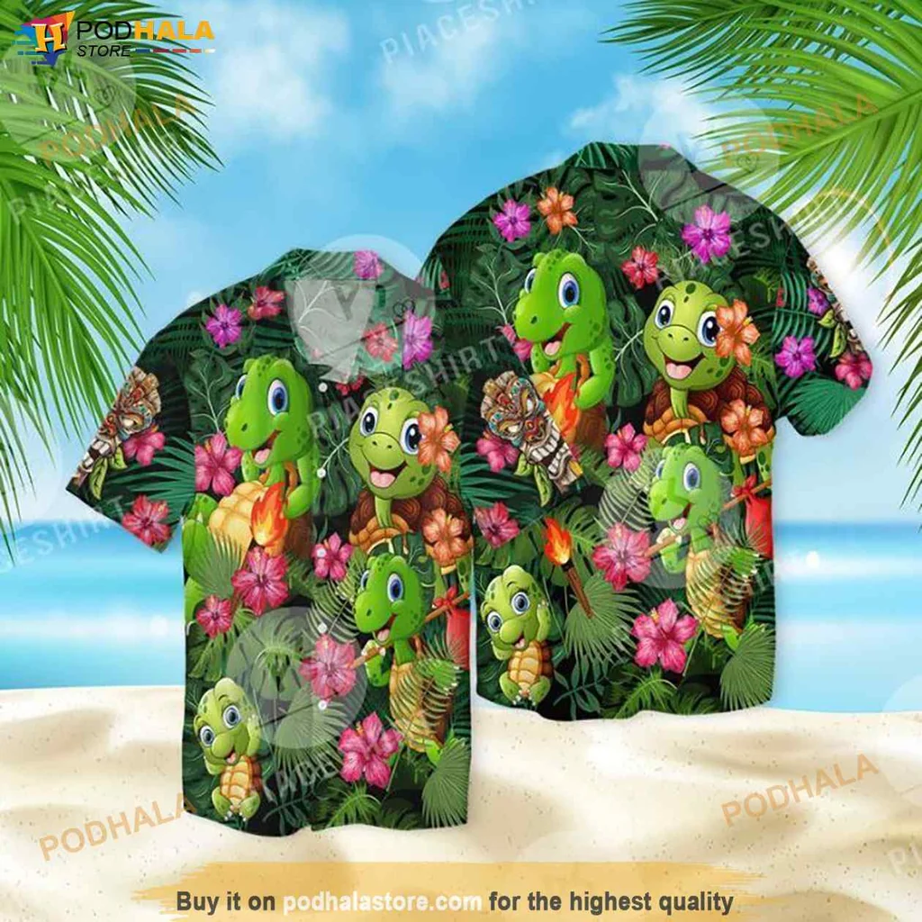 Cute Turtle Hawaiian Shirt, Vibrant Tropical Design With Flowers And Surfboards