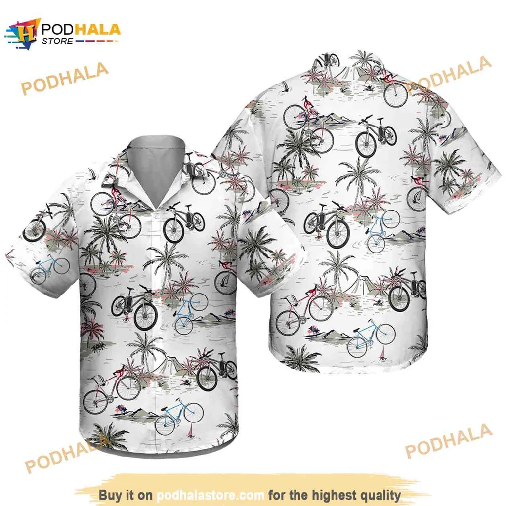 Cycling Tropical Hawaiian Shirt With Fun Bicycle And Beach Design