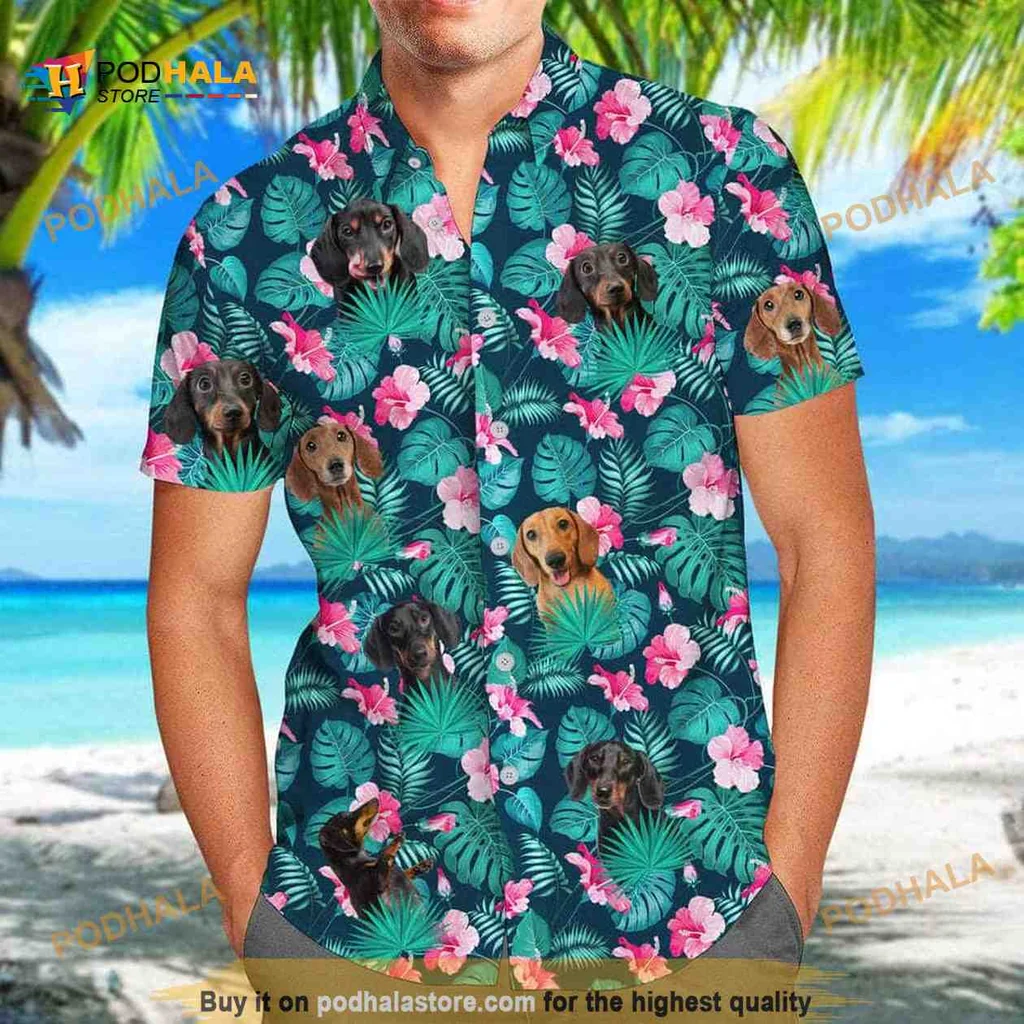 Dachshund Aloha Hawaiian Shirt With Palm Leaves And Hibiscus Flowers