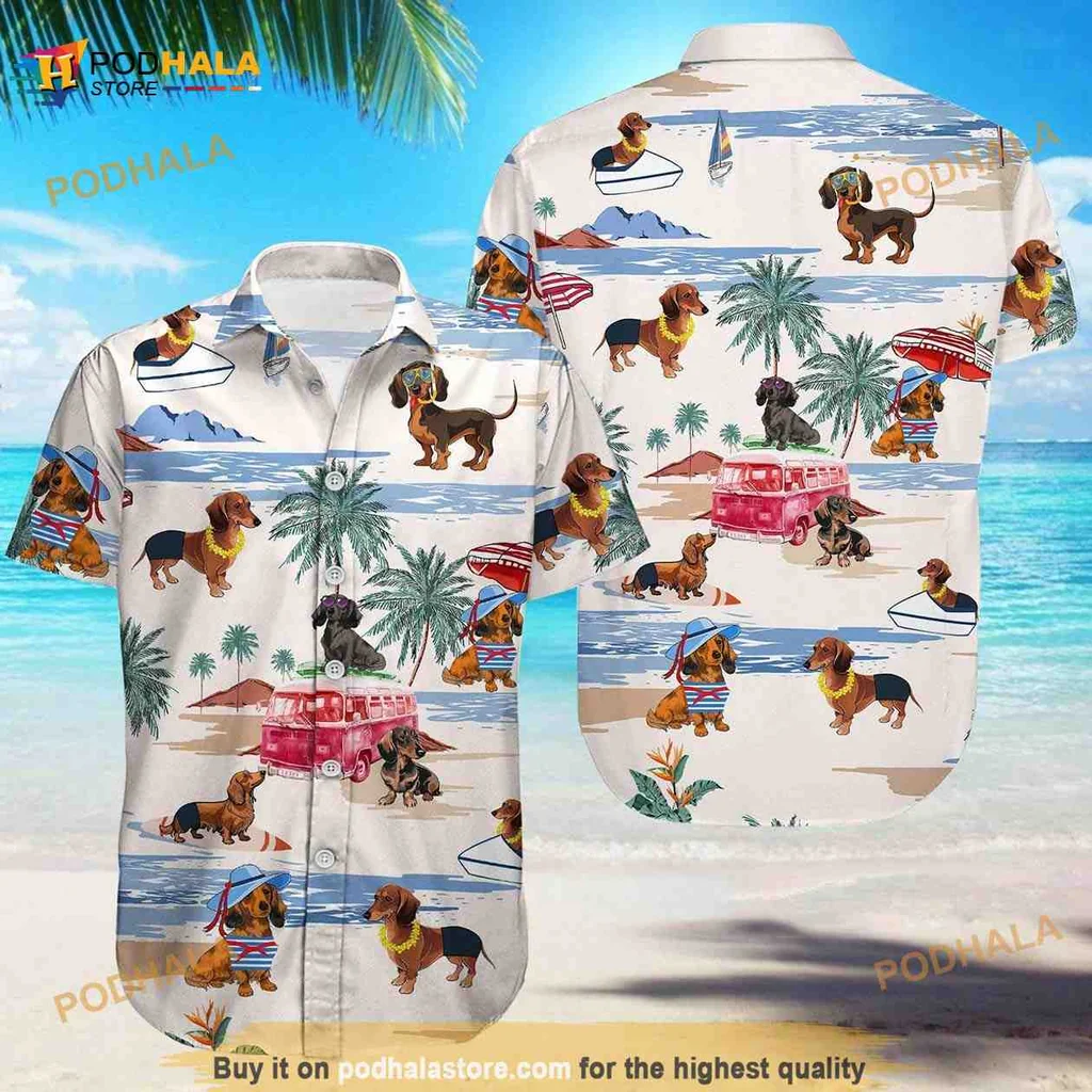 Dachshund Beach Tropical Hawaiian Shirt With Surfing Dogs And Palm Trees