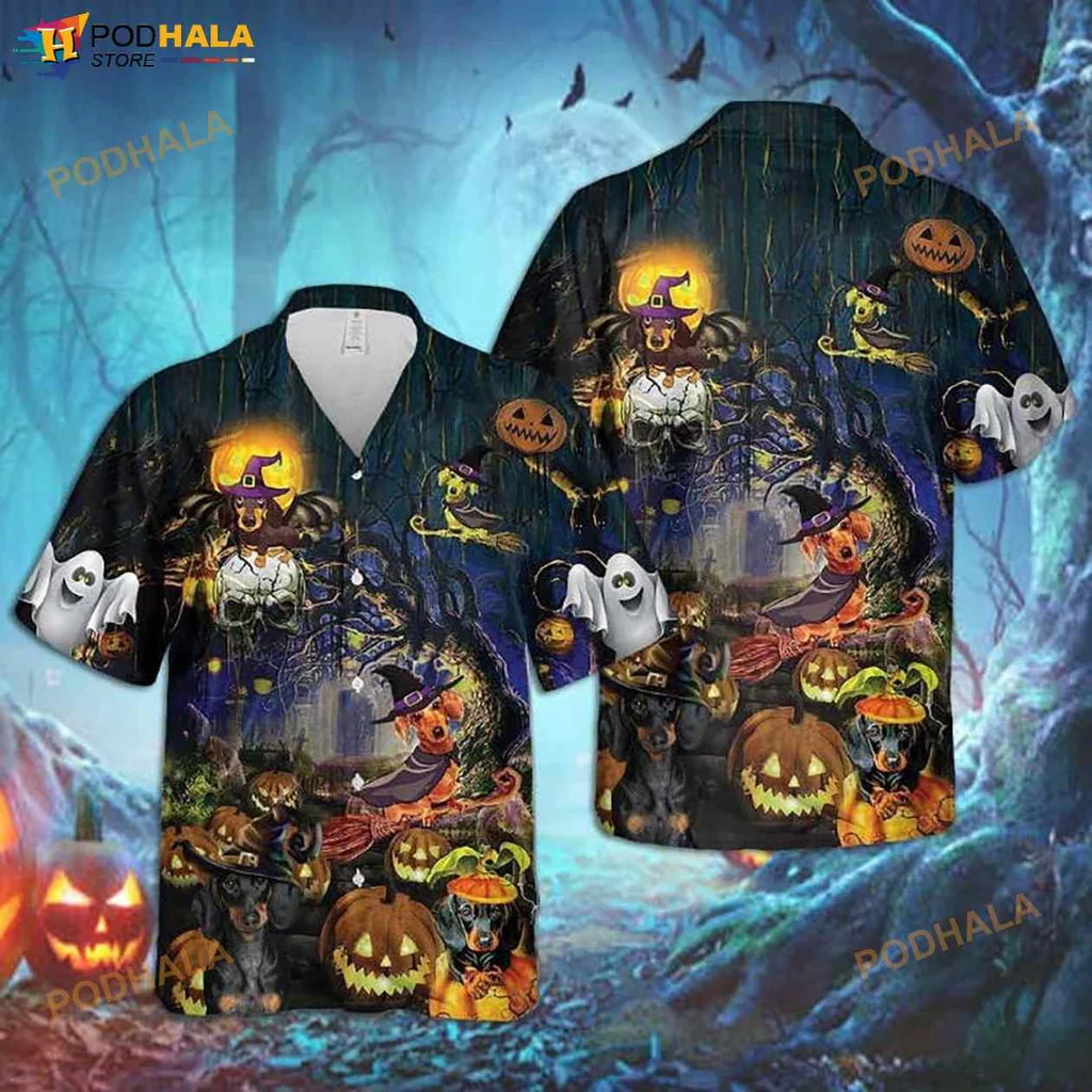 Dachshund Dog Halloween Hawaiian Shirt With Spooky Design And Pumpkins
