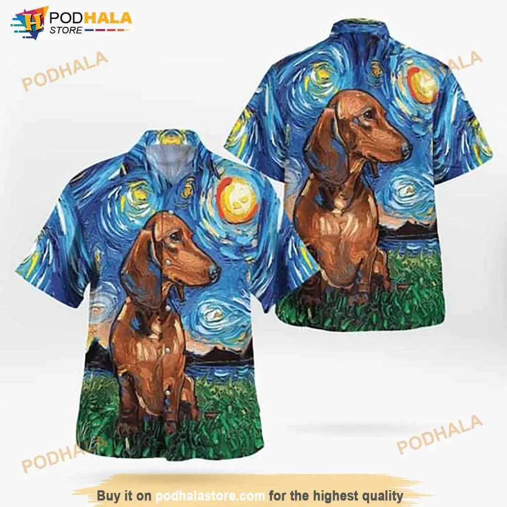 Dachshund Dog Lover Hawaiian Shirt With Artistic Starry Night Design