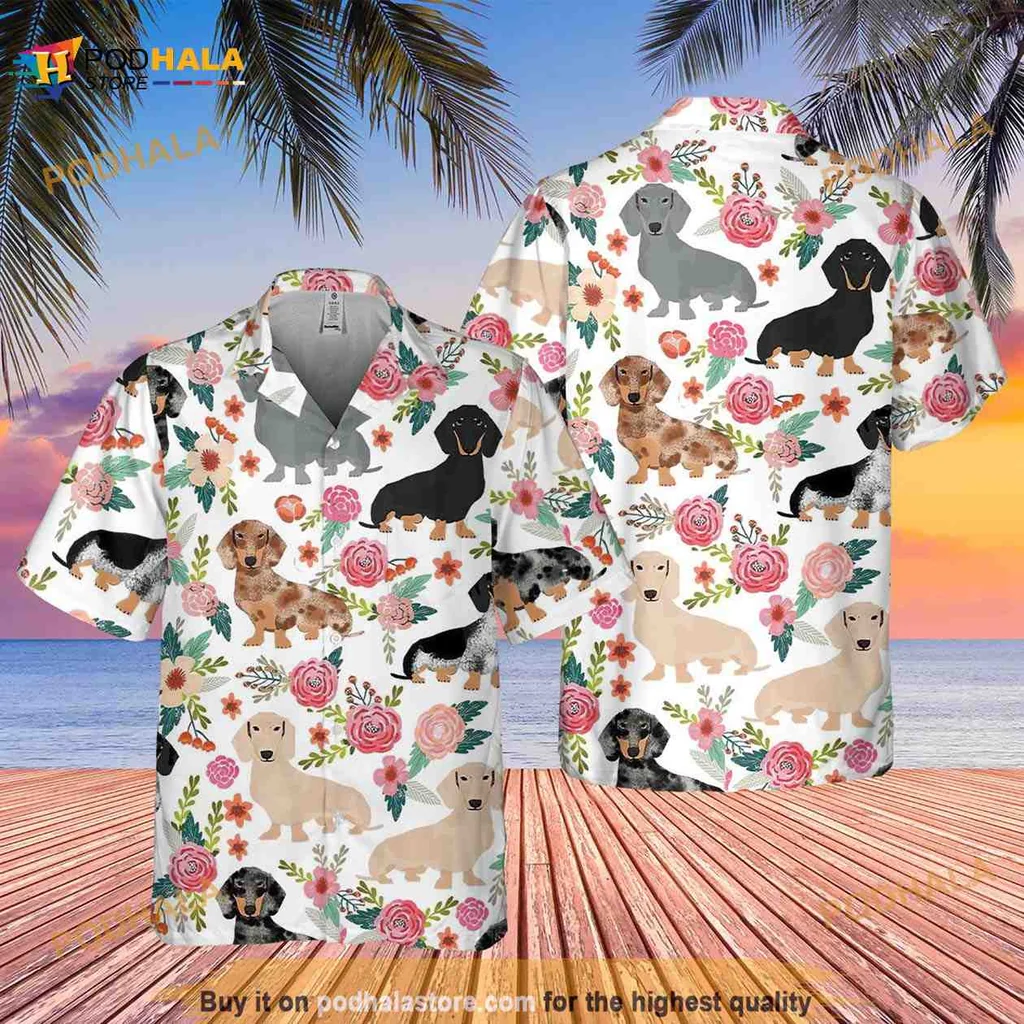 Dachshund Floral Hawaiian Shirt Featuring Colorful Tropical Design