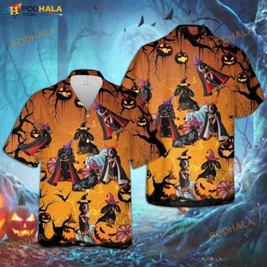 Dachshund Halloween Hawaiian Shirt With Funny Costumes And Pumpkins