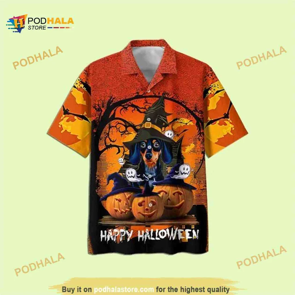 Dachshund Halloween Hawaiian Shirt With Pumpkins And Ghosts