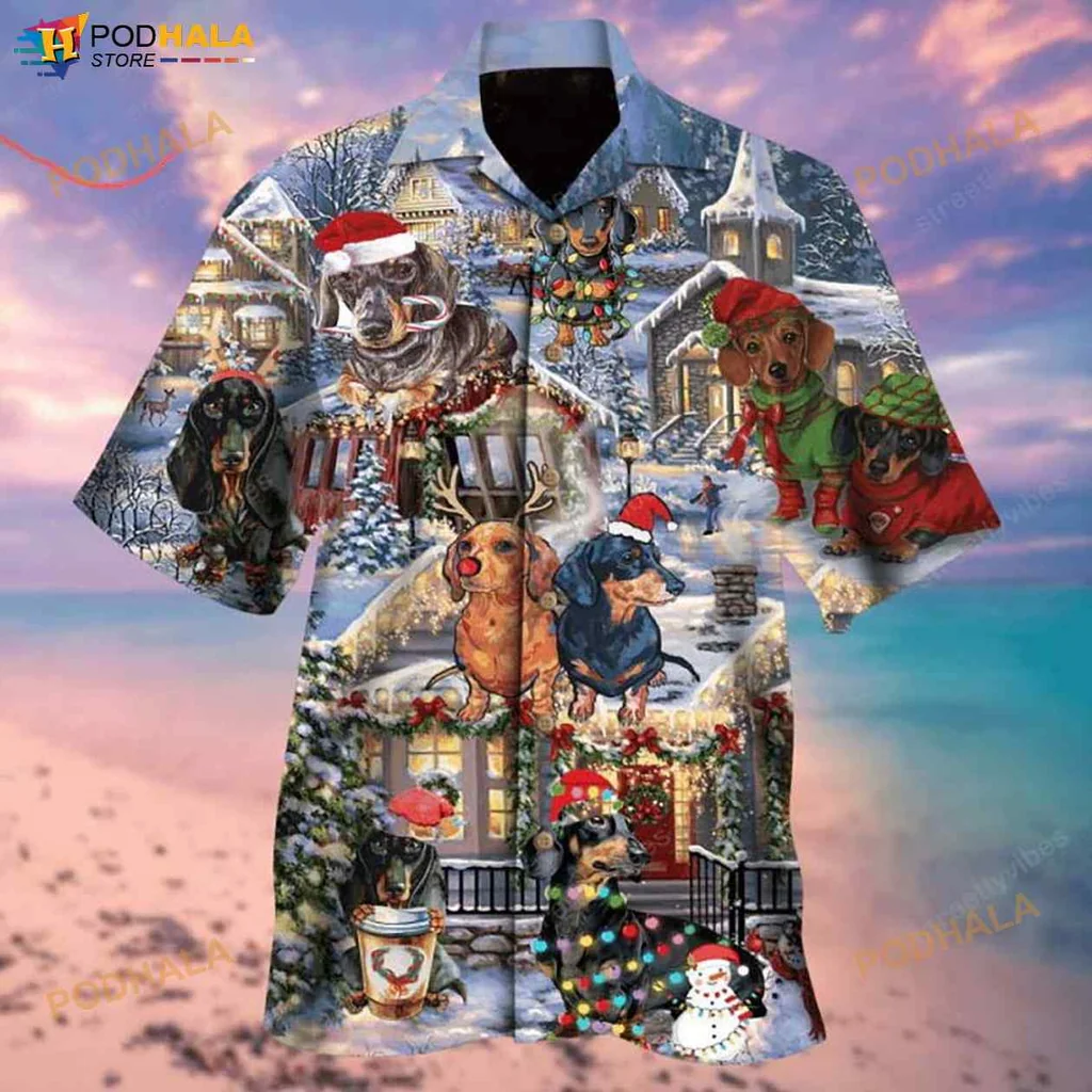 Dachshund Holiday Hawaiian Shirt With Festive Snowy Design