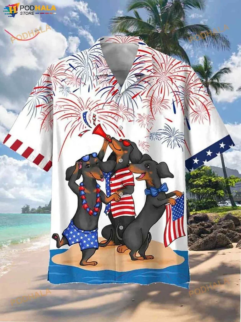 Dachshund Independence Day Hawaiian Shirt With Patriotic Dogs And Fireworks