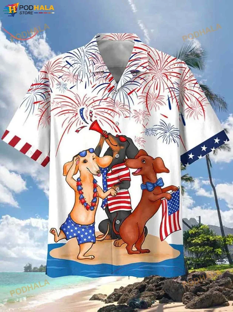 Dachshund Patriotic Hawaiian Shirt With Fireworks And Festive Accents