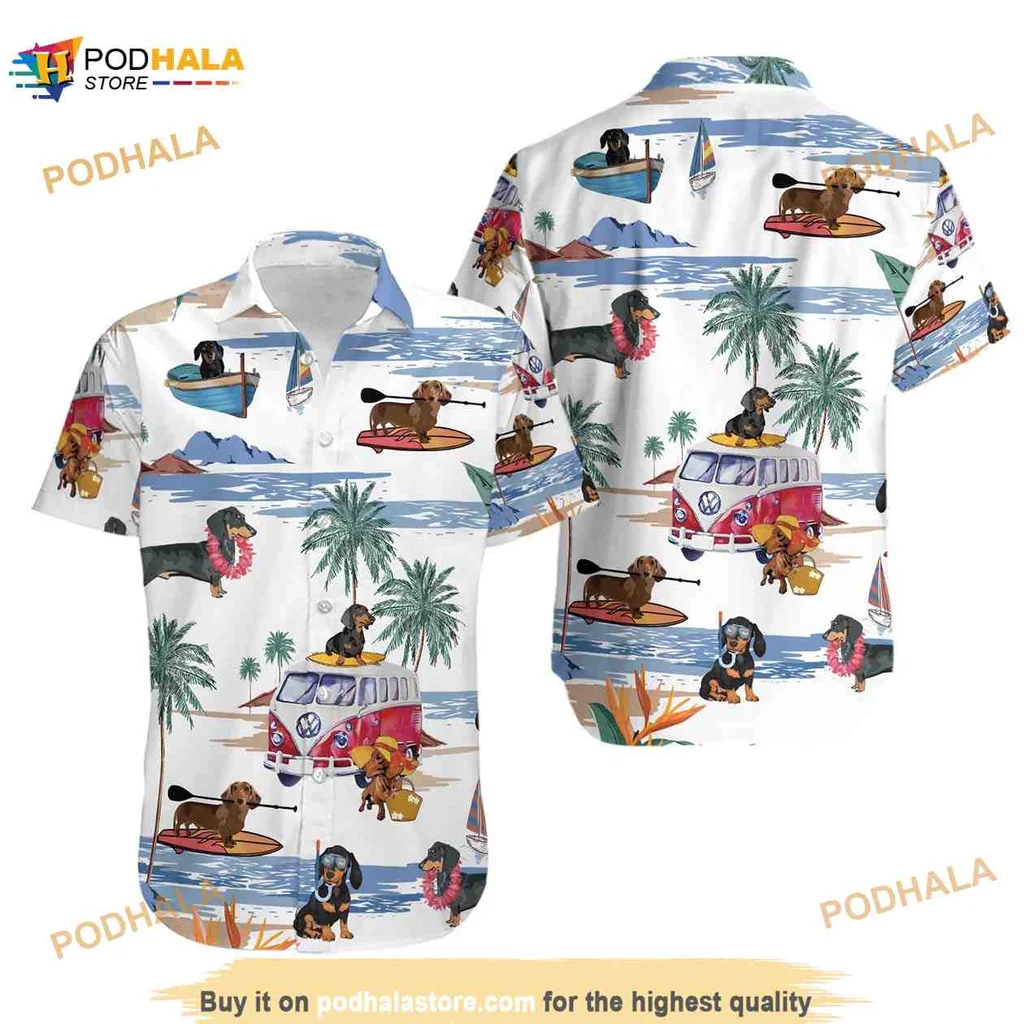 Dachshund Summer Hawaiian Shirt With Playful Surfing Design